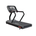 A black and gray treadmill with an integrated digital display screen and curved handrails, shown on a plain white background.