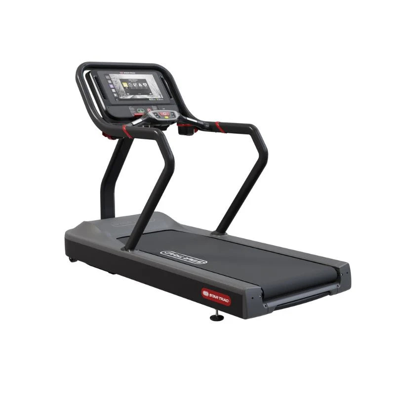 A black and gray treadmill with an integrated digital display screen and curved handrails, shown on a plain white background.