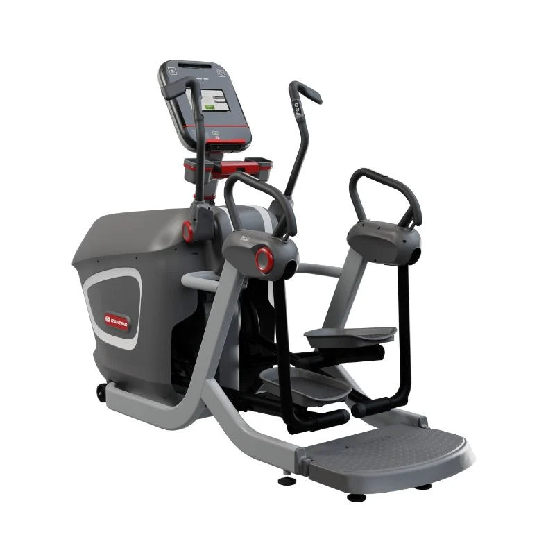 A modern dual exercise machine with a digital display screen, gray and black frame, and red accents, isolated on a white background.