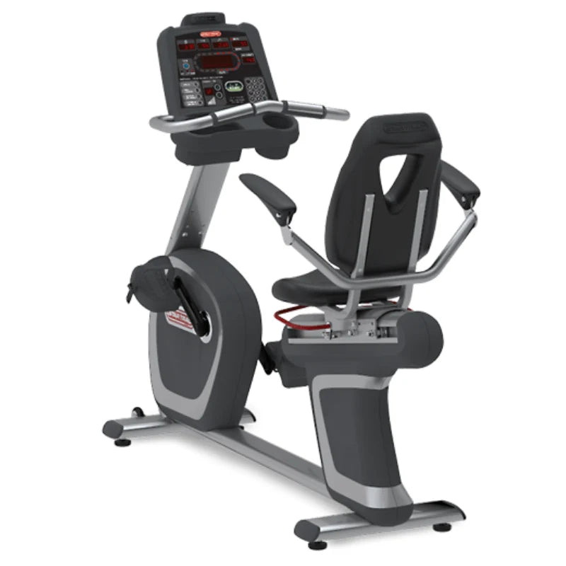 A recumbent exercise bike with a digital console, black padded seat and handlebars, and a silver and gray frame, shown on a plain white background.