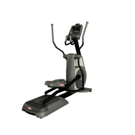 A elliptical trainer with a dark gray and black frame, featuring a digital display screen, padded seat, and adjustable handles, shown against a plain white background.