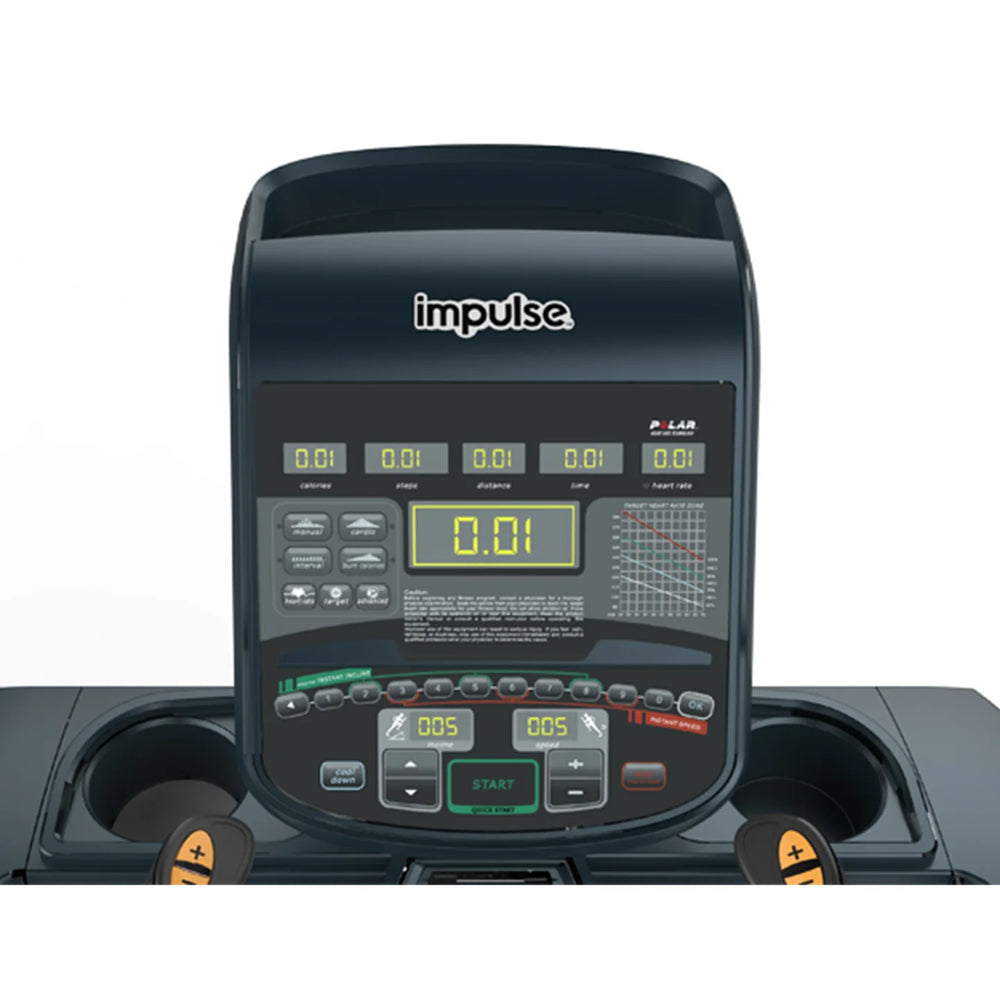 The front control panel of an Origin Fitness Impulse RT700 Commercial LED Treadmill - Black featuring a digital display screen and various control buttons, shown against a plain white background.