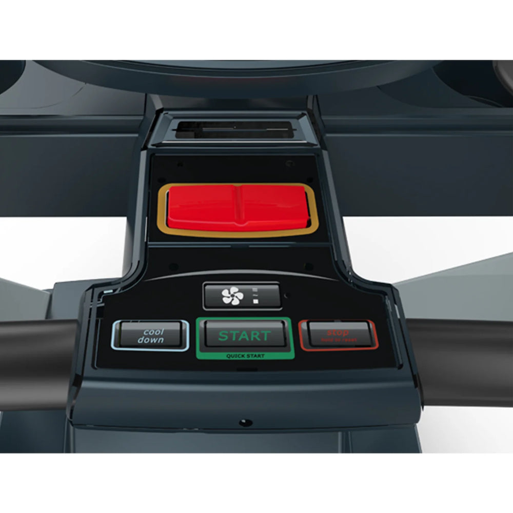 Close-up of a treadmill console with a large red start button, a smaller red stop button, a green start/stop display, and a cooling fan button.