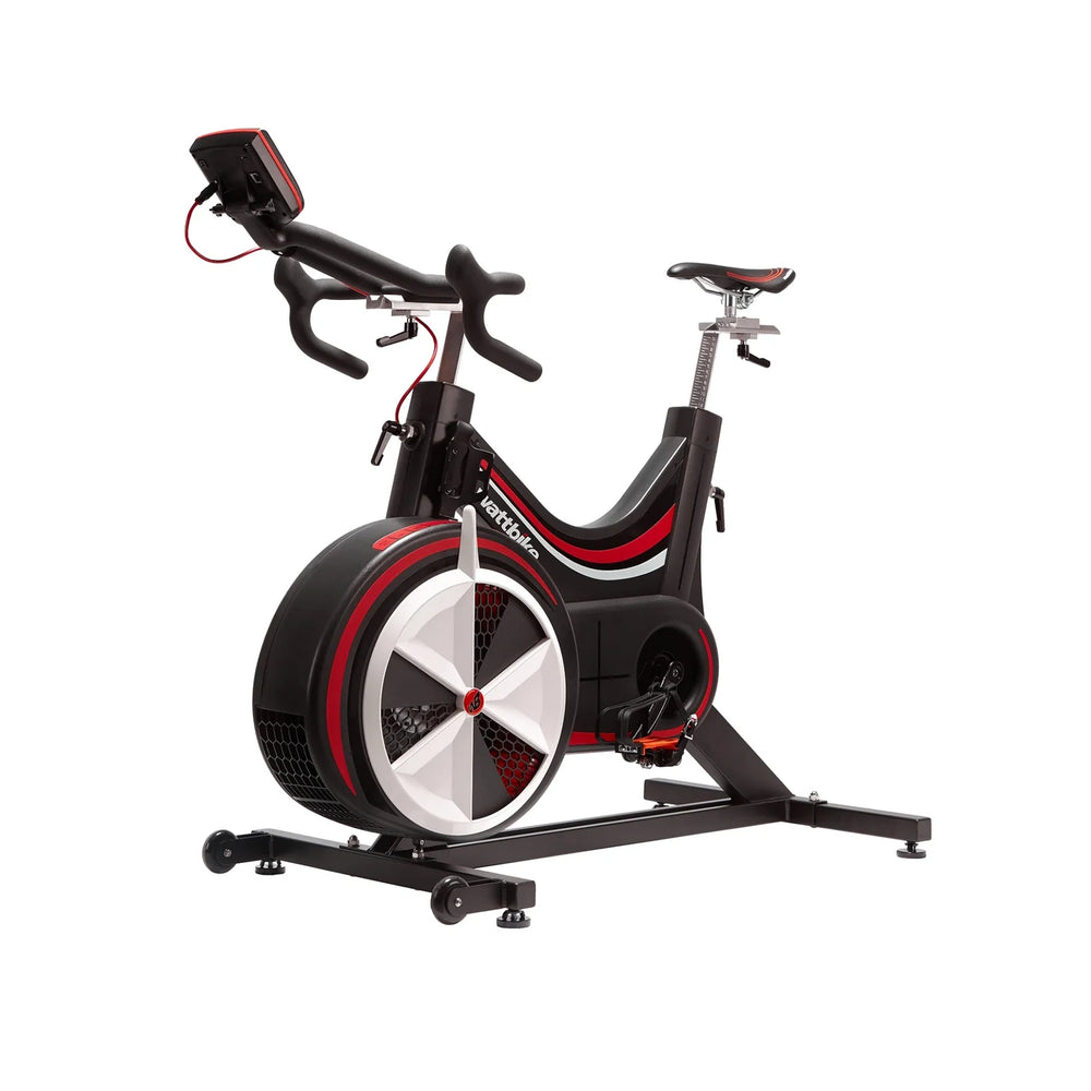 A black, red, and white Wattbike Pro/Trainer Air Resistance Indoor Cycle